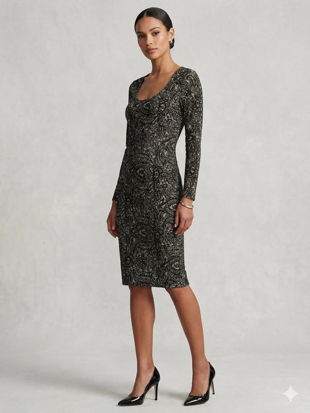 Suzy Shier Black and Cream Paisley Midi Dress